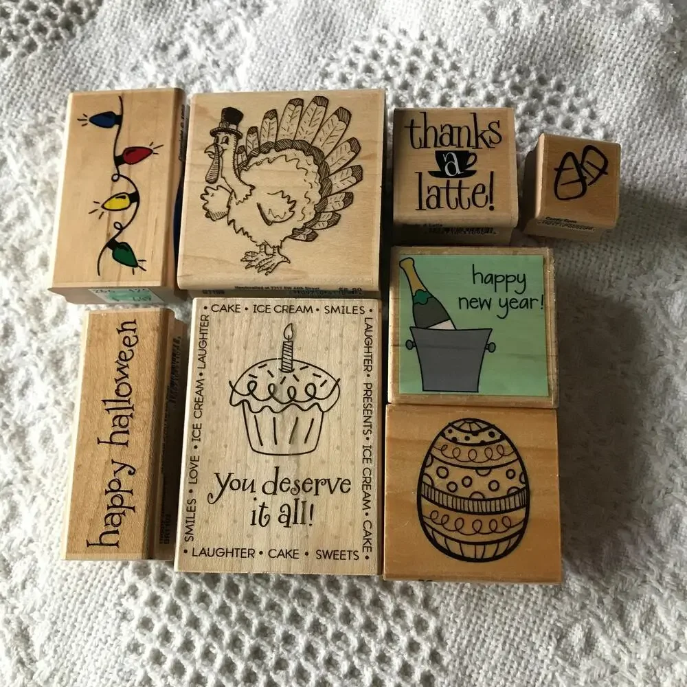 Pre-owned Wood-backed Rubber Stamp Holiday Lot of 8 stamps turkey birthday more